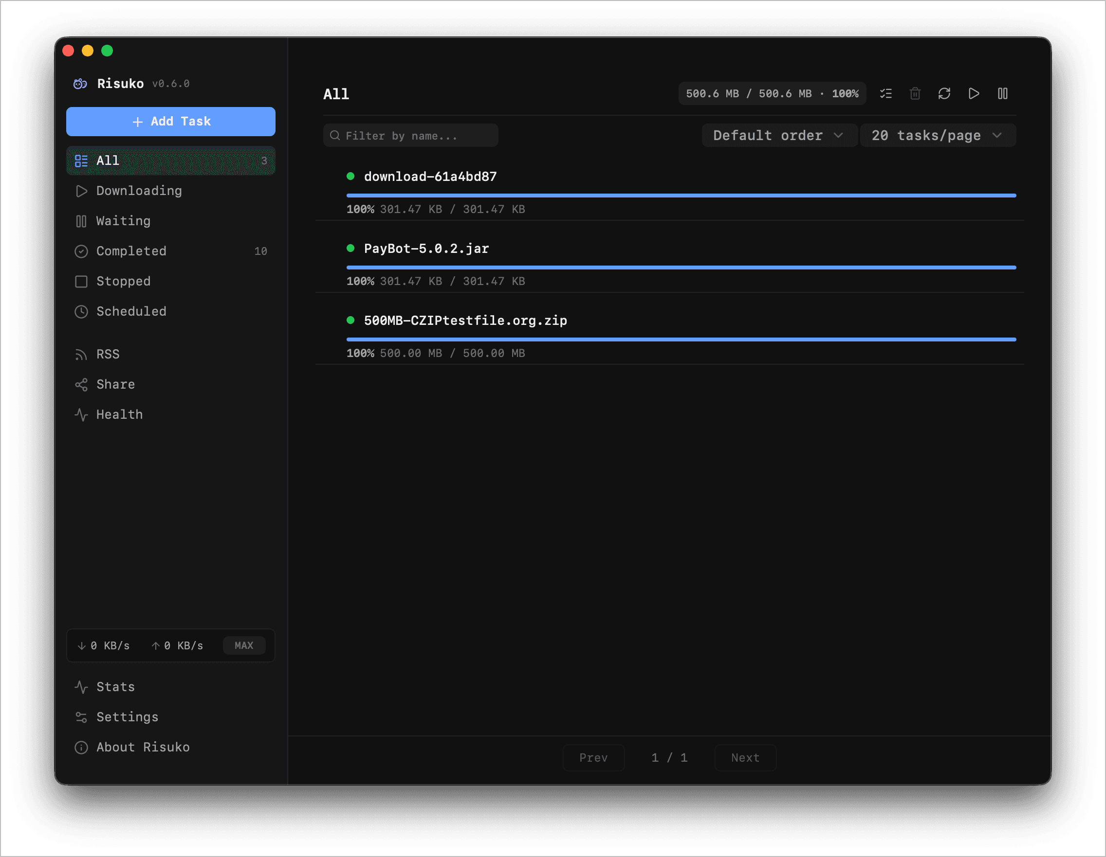 Risuko download manager interface in dark mode showing the task list and filters