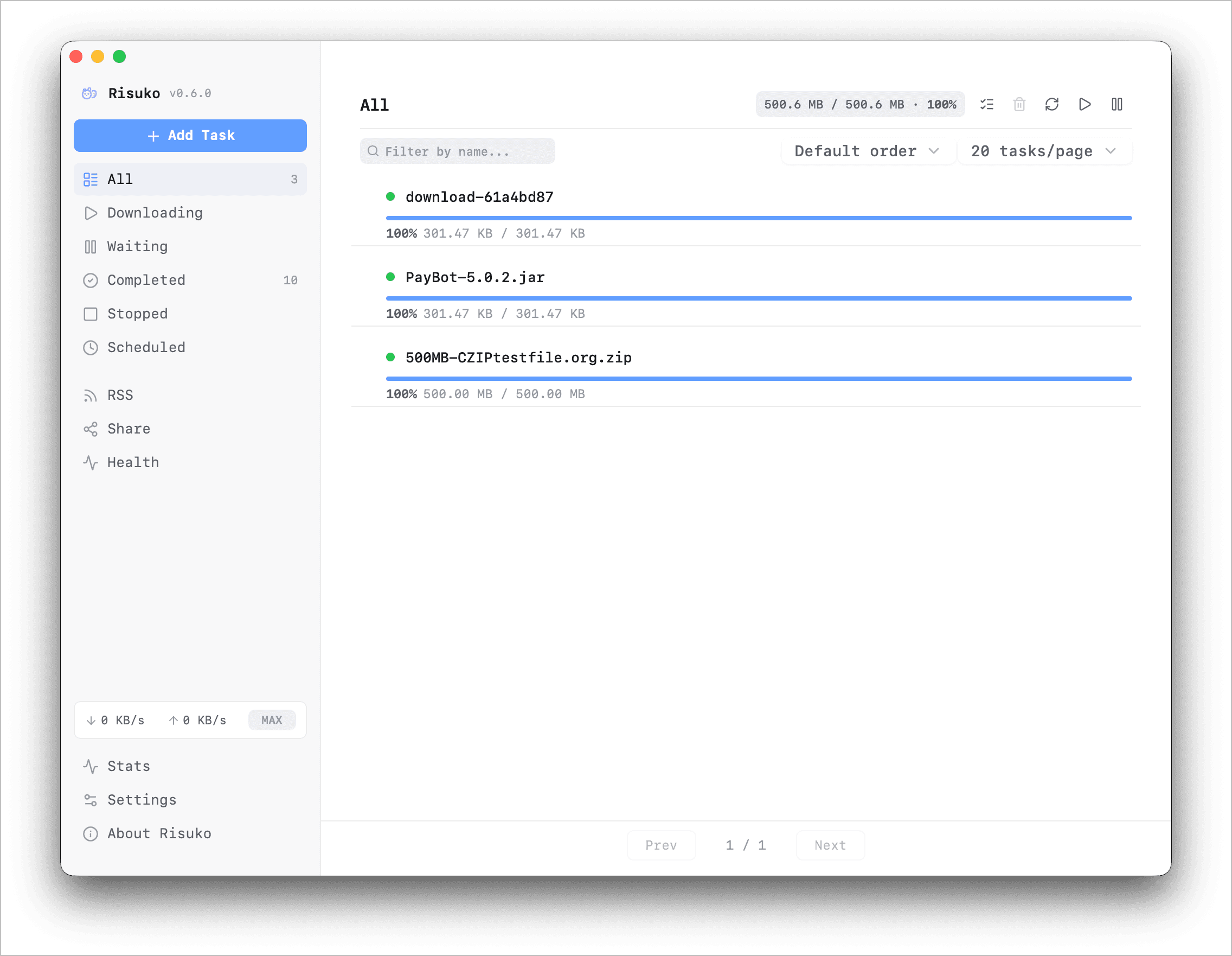 Risuko download manager interface in light mode showing the task list and filters